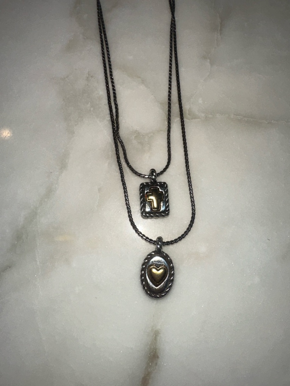 Brighton Silver Double Pendant of a Cross & Heart Necklace with Clear Crystals